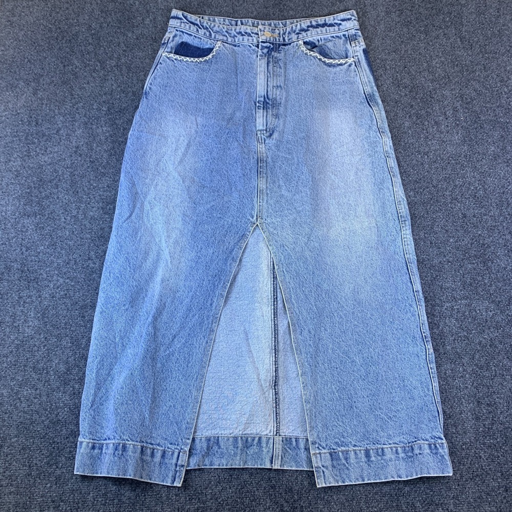 Sea NY Marion Mended Denim Maxi Skirt Womens 12 Blue NEW Front Slit SS24-113